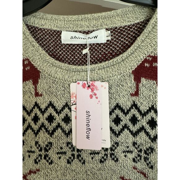 Shineflow Reindeer Fair Isle Oversized Sweater L Nordic Xmas Winter Knit Cozy - Picture 2 of 5